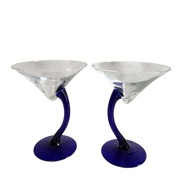 Set Of 2 Hand-Blown Blue‎ Stem Martini Glasses - Picture 8 of 8